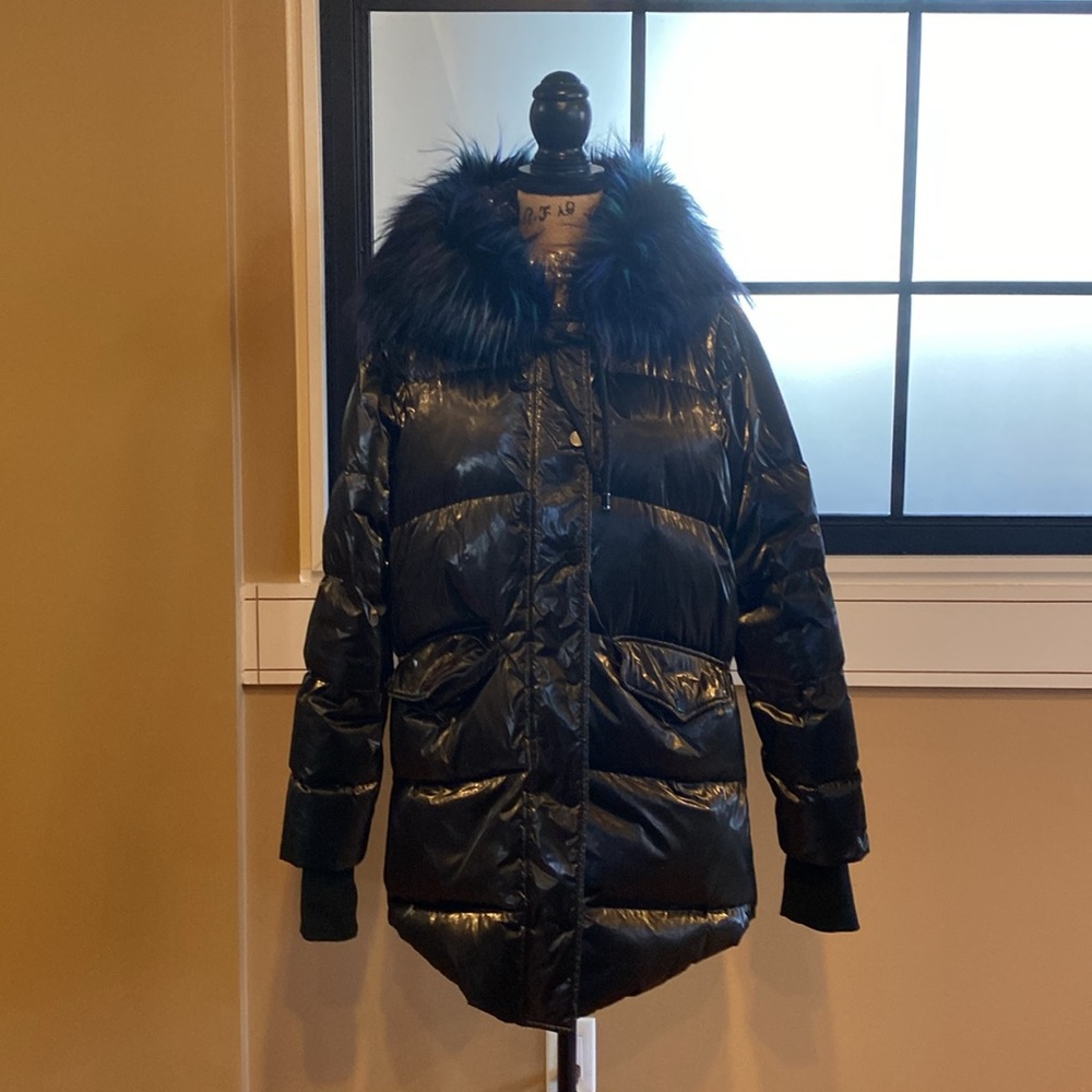 Jocelyn Black Puffer Coat with Blue Fur Trim